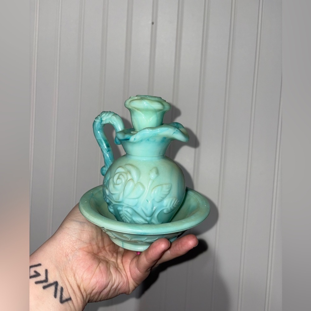 Vintage 1970’s Jadeite Glass Avon Decanter & Bowl